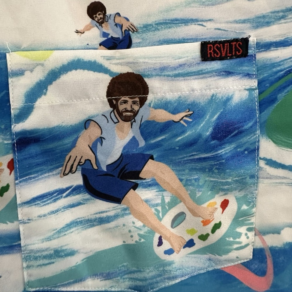 RSVLTS Button Down Short Sleeve Shirt Mens Small Bob Ross Surfs Up Hawaiian - Picture 3 of 10